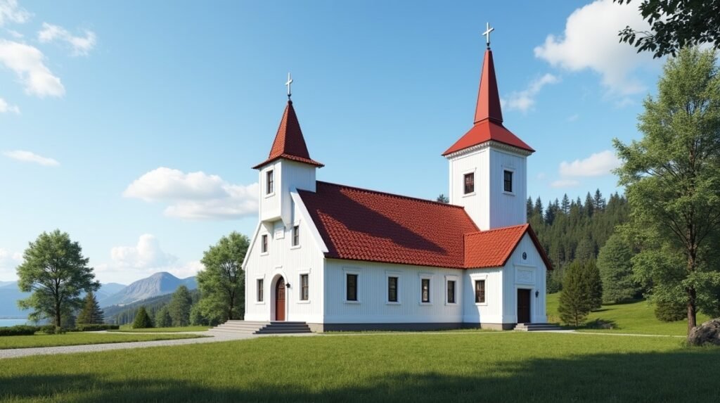 Gjerpen templom Skienben, festői háttérrel és zöld környezettel.