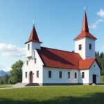 Gjerpen templom Skienben, festői háttérrel és zöld környezettel.