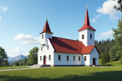 Gjerpen templom Skienben, festői háttérrel és zöld környezettel.