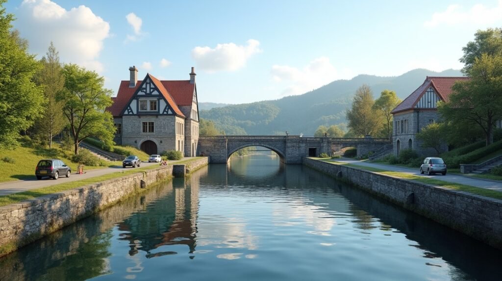 Skien zsilipje és vízparti táj Norvégiában