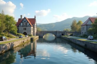 Skien zsilipje és vízparti táj Norvégiában