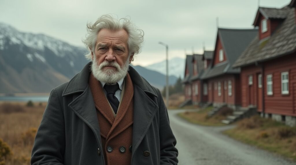 Egy idős férfi áll egy norvég vidéki úton piros házak mellett.
