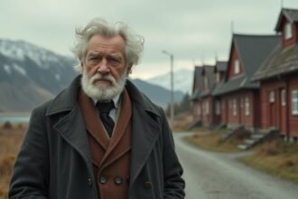 Egy idős férfi áll egy norvég vidéki úton piros házak mellett.