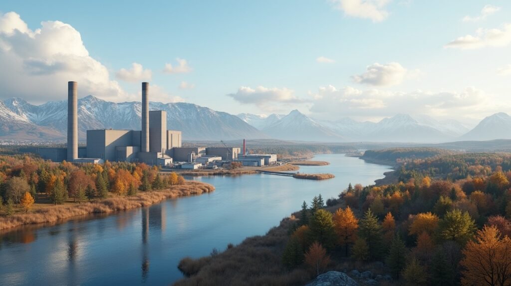 Ipari telep a folyó mellett Norvégiában, hegyekkel a háttérben