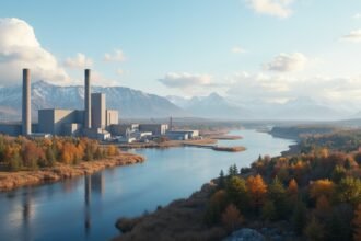 Ipari telep a folyó mellett Norvégiában, hegyekkel a háttérben