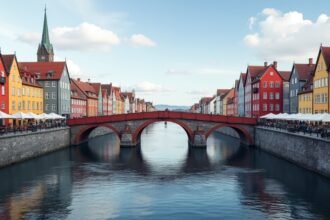 A Gamle Bybro híres régi városi híd Trondheimban, Norvégiában.