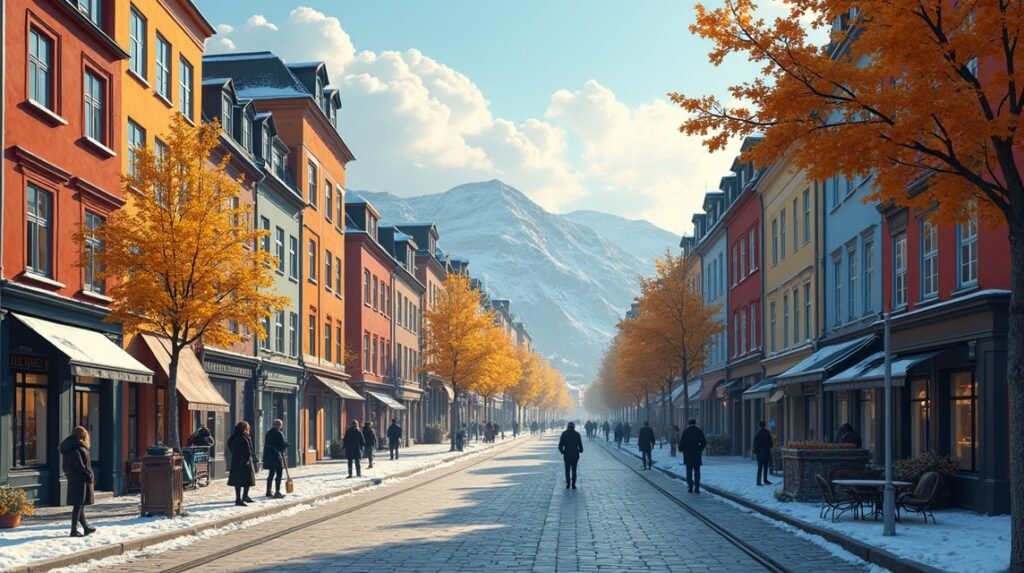 Színes utcák Skienben, ahol Ibsen idézetek inspirálnak.