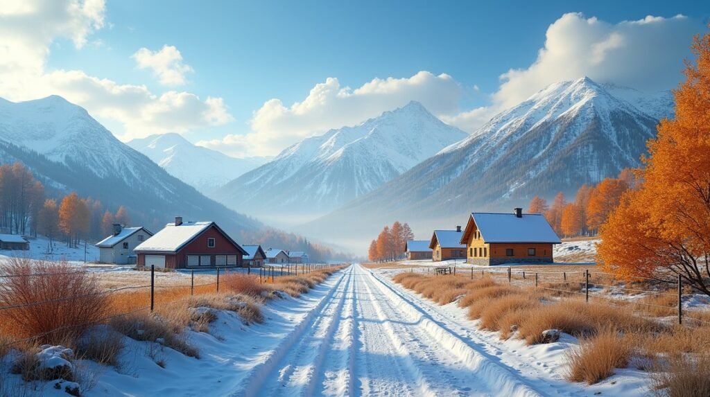 Téli táj Skien környékén, hóval fedett hegyek és házak.