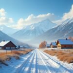 Téli táj Skien környékén, hóval fedett hegyek és házak.