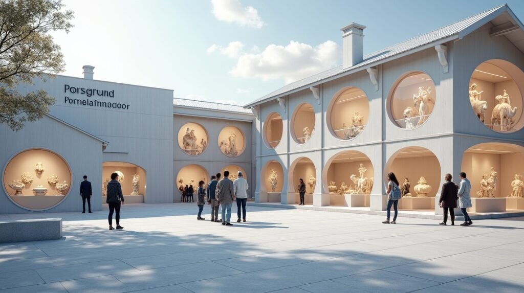 Porsgrunn Porcelánmanufaktúra és Múzeum látogatói a kiállítás előtt
