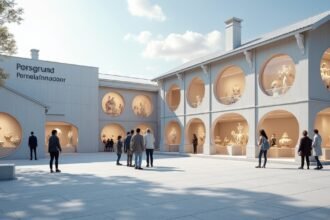 Porsgrunn Porcelánmanufaktúra és Múzeum látogatói a kiállítás előtt