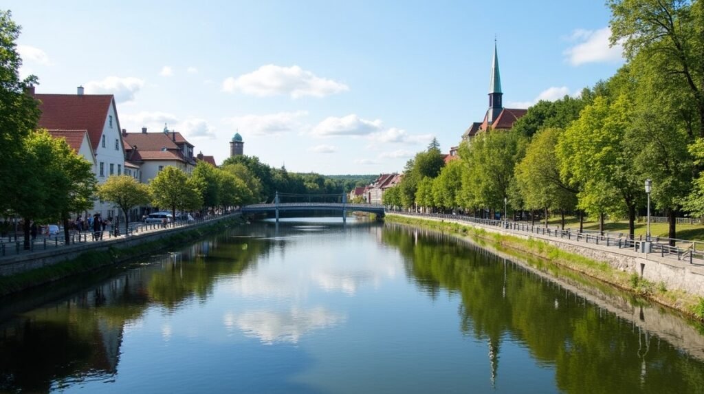 Porsgrunn folyóparti sétány Elvepromenadene és a város látképe.