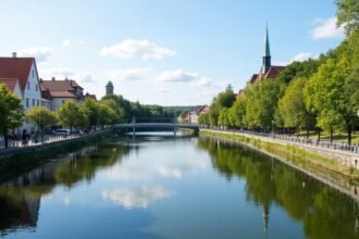 Porsgrunn folyóparti sétány Elvepromenadene és a város látképe.