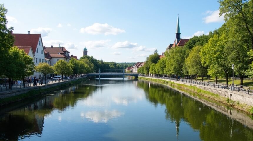 Porsgrunn folyóparti sétány Elvepromenadene és a város látképe.