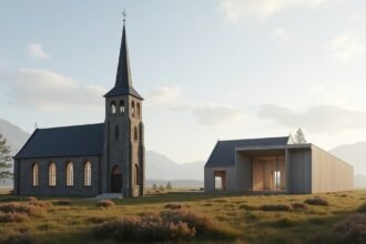 Østre Porsgrunn templom képe, új és régi építészeti stílusban.