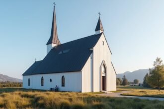 Vestre Porsgrunn templom gyönyörű külseje a természetben