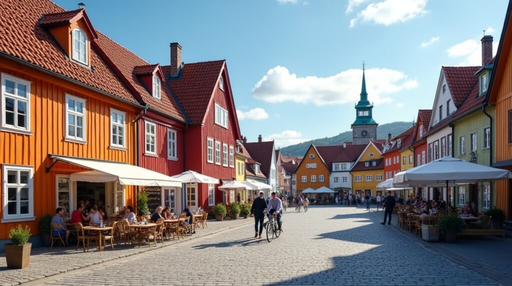 Bakklandet színes faházai Trondheimban, kávézókkal és macskaköves utcákkal.