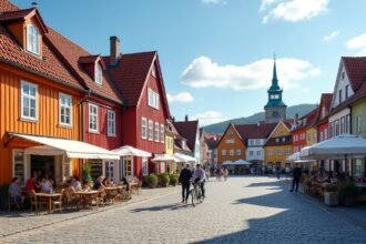Bakklandet színes faházai Trondheimban, kávézókkal és macskaköves utcákkal.