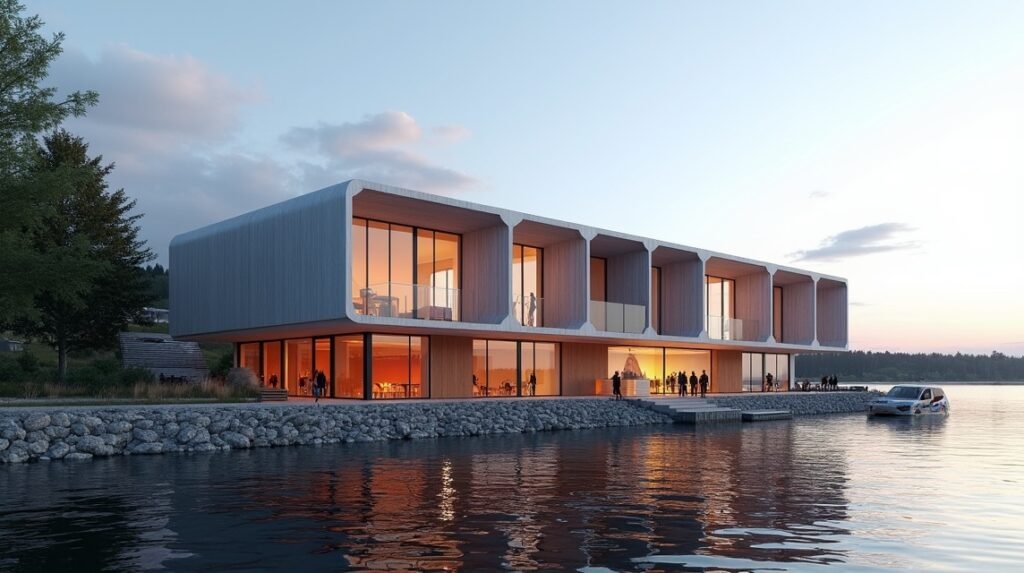 Ælvespeilet kultúrház Porsgrunn folyóparti kilátással