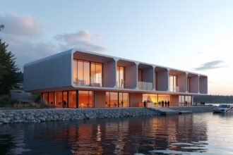 Ælvespeilet kultúrház Porsgrunn folyóparti kilátással