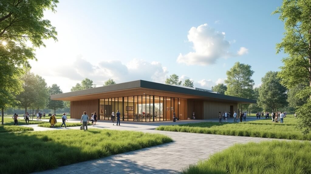 Herøya ipari park látogatóközpontja Porsgrunnban, zöld környezetben.