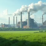 Porsgrunn műtrágya gyár képe, füsttel és zöld mezővel.