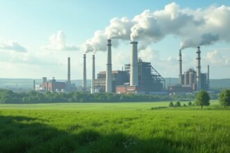 Porsgrunn műtrágya gyár képe, füsttel és zöld mezővel.