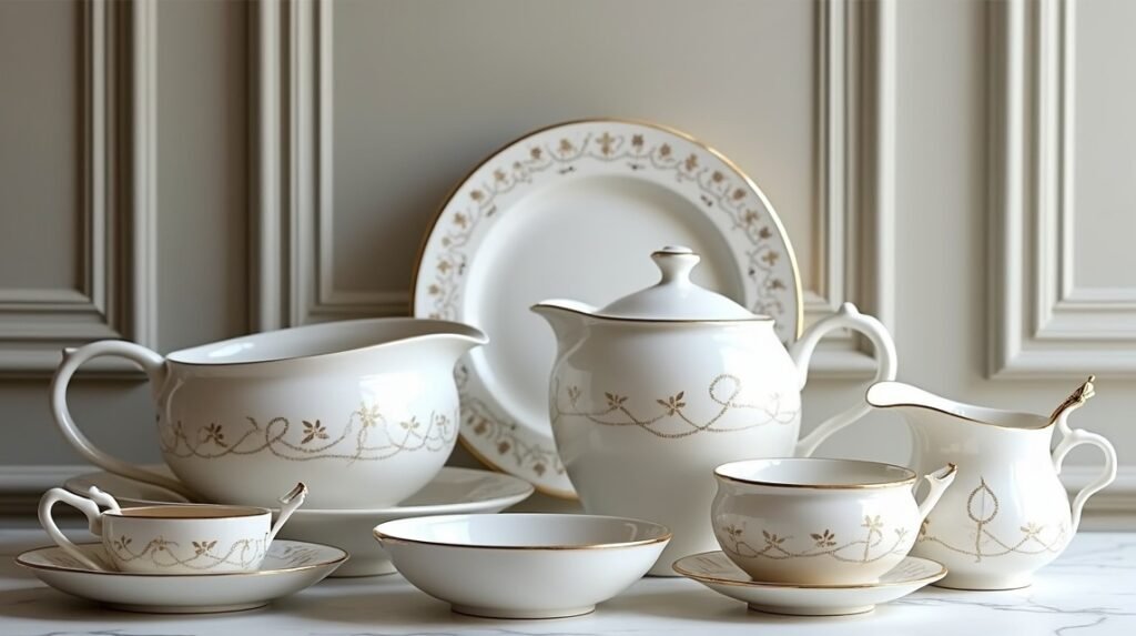 Porsgrunn porcelán étkészlet arany díszítéssel, elegáns kerámia design