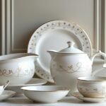 Porsgrunn porcelán étkészlet arany díszítéssel, elegáns kerámia design