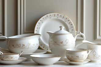 Porsgrunn porcelán étkészlet arany díszítéssel, elegáns kerámia design