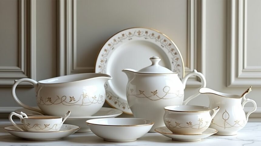 Porsgrunn porcelán étkészlet arany díszítéssel, elegáns kerámia design