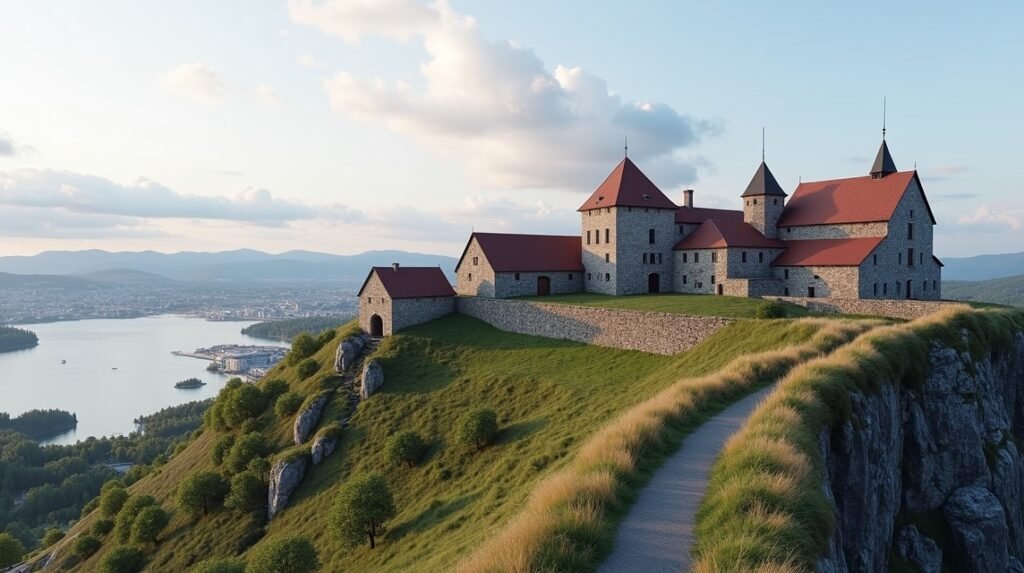 Kristiansten erőd panorámája Trondheim felett a naplementében