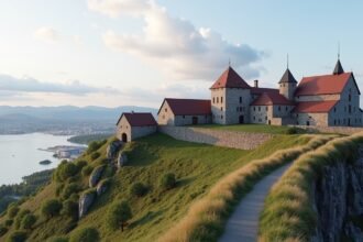 Kristiansten erőd panorámája Trondheim felett a naplementében