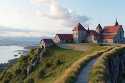 Kristiansten erőd panorámája Trondheim felett a naplementében
