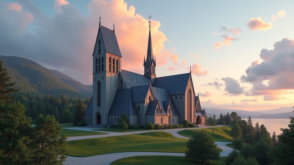 A Moldei Dóm lenyűgöző képe a fjord partján, klasszikus és modern stílusjegyekkel.