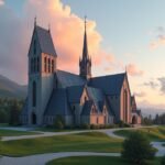 A Moldei Dóm lenyűgöző képe a fjord partján, klasszikus és modern stílusjegyekkel.