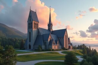 A Moldei Dóm lenyűgöző képe a fjord partján, klasszikus és modern stílusjegyekkel.