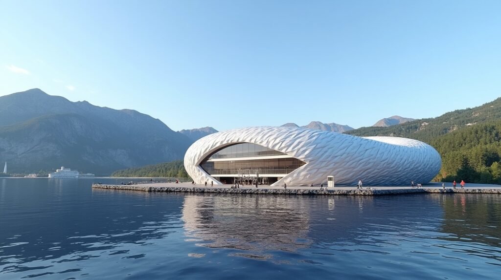 Aker Stadion panorámás kilátás a fjordra Molde városában.