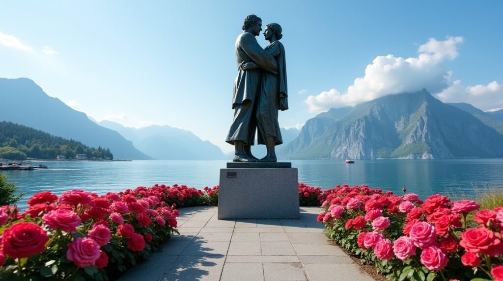 Molde Rózsáslány szobor a fjord felett, rózsák között