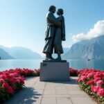 Molde Rózsáslány szobor a fjord felett, rózsák között