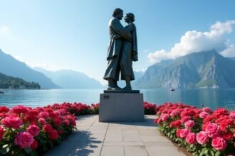 Molde Rózsáslány szobor a fjord felett, rózsák között