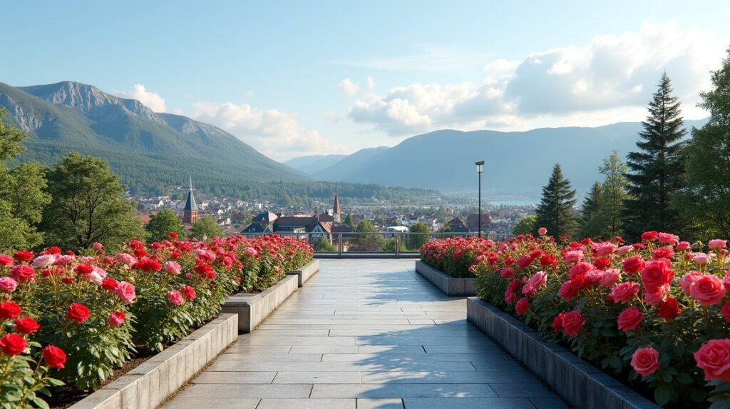 Rózsák és kilátás Molde Városházájának Rózsakertjéből