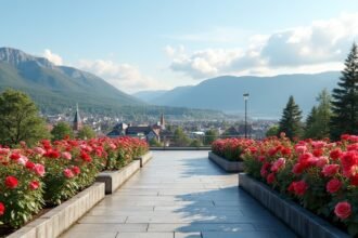 Rózsák és kilátás Molde Városházájának Rózsakertjéből