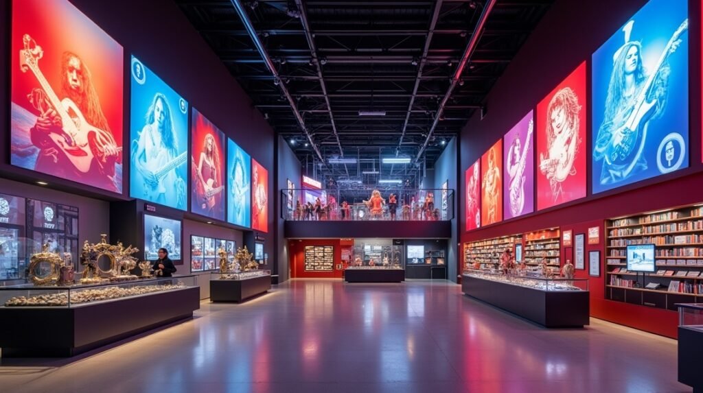 A Rockheim múzeum belső tere Trondheimban, interaktív pop és rock kiállításokkal.