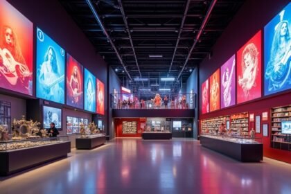 A Rockheim múzeum belső tere Trondheimban, interaktív pop és rock kiállításokkal.