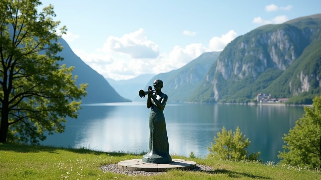 Molde Jazzfiú szobor a vízparton, Norvégia gyönyörű tájával