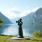 Molde Jazzfiú szobor a vízparton, Norvégia gyönyörű tájával