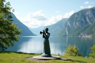 Molde Jazzfiú szobor a vízparton, Norvégia gyönyörű tájával