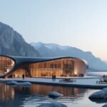 Plassen Kulturális Központ Molde városában, Norvégiában, lenyűgöző hegyekkel a háttérben.