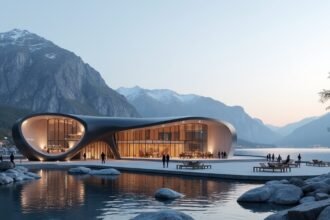 Plassen Kulturális Központ Molde városában, Norvégiában, lenyűgöző hegyekkel a háttérben.